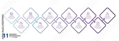Infographic process design with icons and 11 options or steps.