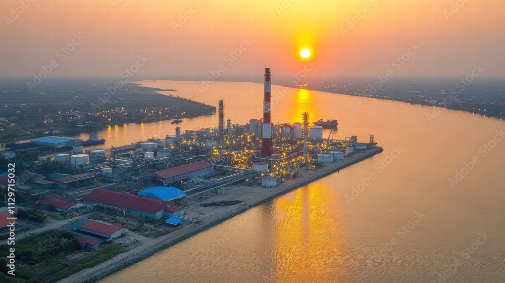 Naklejka premium Refinery at Sunset Over River