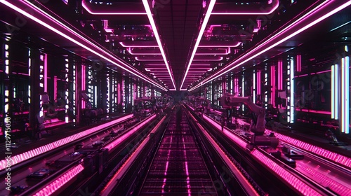 Futuristic pink neon-lit factory corridor with automated machinery. A person walks down the center.