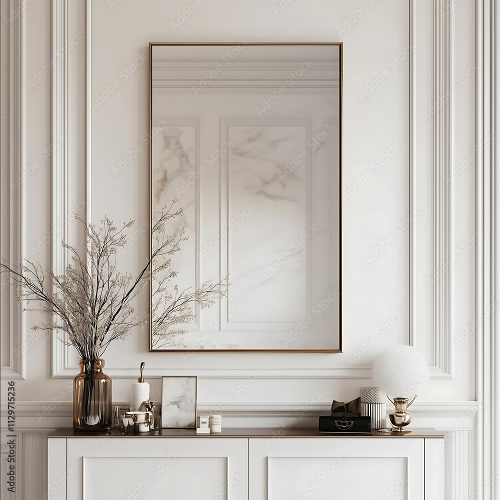 3D rendering of a large rectangular mirror with a golden frame on a white wall in the bedroom interior of a modern style Decorative elements and accessories on the 3D rendering of a large rectangular mirror with a golden frame on a white wall in the bedroom interior of a modern style Decorative elements and accessories on the