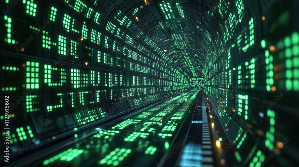 Digital tunnel matrix code background. Green glowing code displays tech theme. Cyber security product concept. Futuristic design. Modern tech innovation. Electronic product presentation. Dynamic data Digital tunnel matrix code background. Green glowing code displays tech theme. Cyber security product concept. Futuristic design. Modern tech innovation. Electronic product presentation. Dynamic data