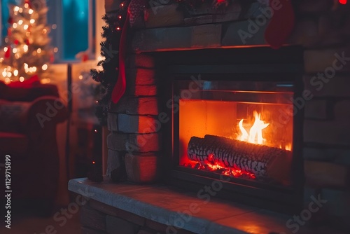 Cozy Christmas fireplace with burning logs, decorated mantel, and a blurred Christmas tree in the background.  Perfect for holiday cards & winter ambiance.