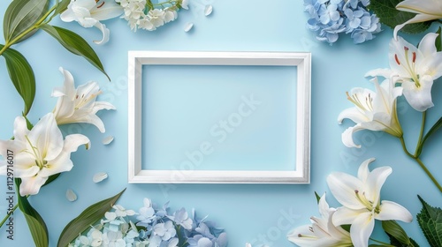 A blank white picture frame with silver inlays in the middle surrounded by tulips and sunflowers