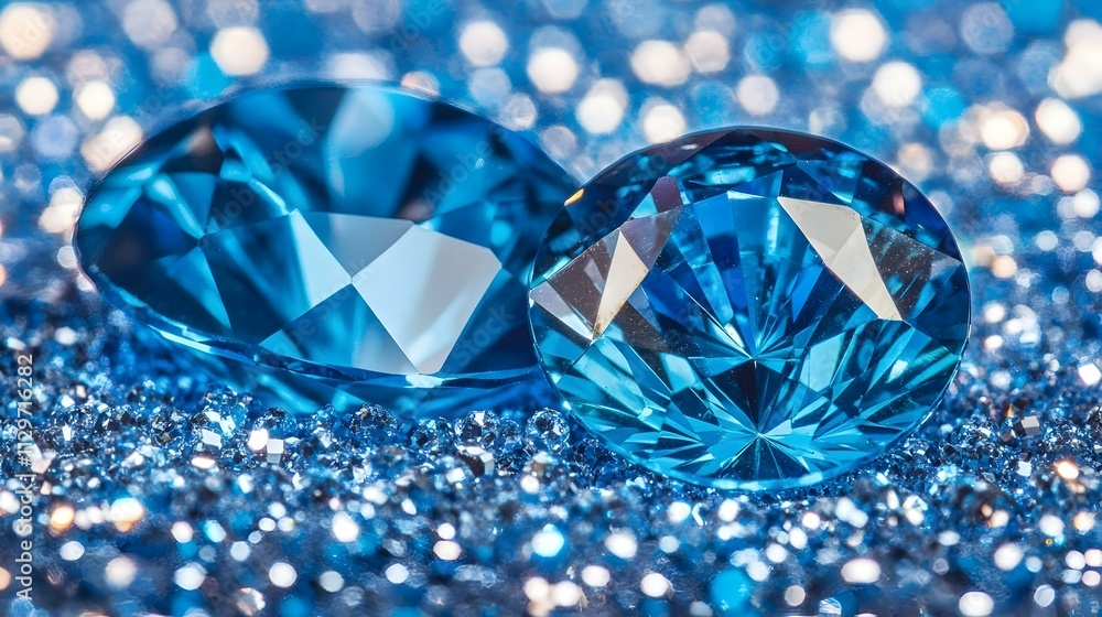 Sparkling blue gemstones on a shimmering blue background. Luxury, elegance, and preciousness concept.