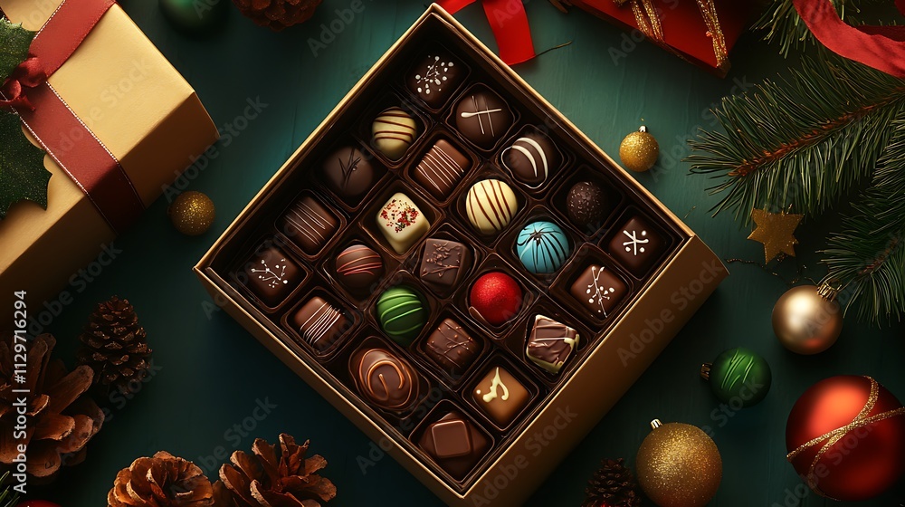 A top-down view of an open gift box filled with assorted chocolates, surrounded by festive decorations and a pine tree branch A top-down view of an open gift box filled with assorted chocolates, surrounded by festive decorations and a pine tree branch