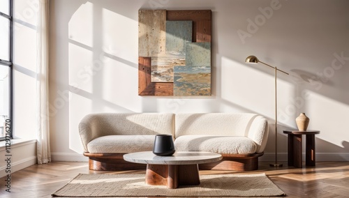 Generative AI, Minimalist living room with sculptural boucle sofa and contemporary abstract art photo