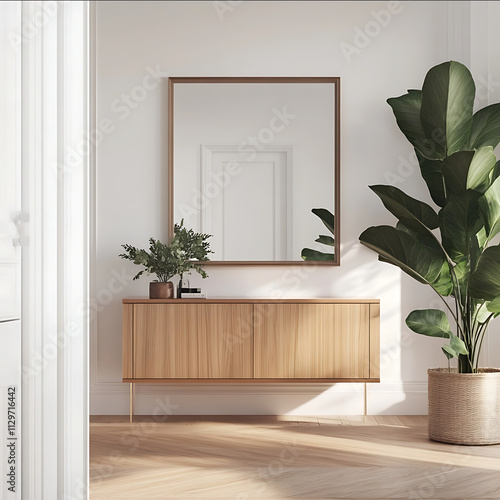 A mockup of an empty wooden sideboard in the hallway white walls with light wood flooring and a large mirror above it a plant on the right side of the image photor photo