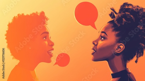 A dynamic cartoon-style image of two friends exchanging ideas, one expressing excitement while the other listens with a thoughtful expression, speech bubbles in bold orange and red tones