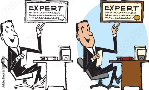 A vintage retro cartoon of a businessman sitting at his desk pointing to the plaque that declares him an expert. 