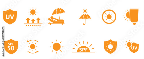 Sunlight and Ultraviolet Rays Vector Icon Set. UV vector illustration icons