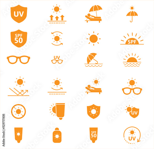 Sunlight and Ultraviolet Rays Vector Icon Set. UV vector illustration icons