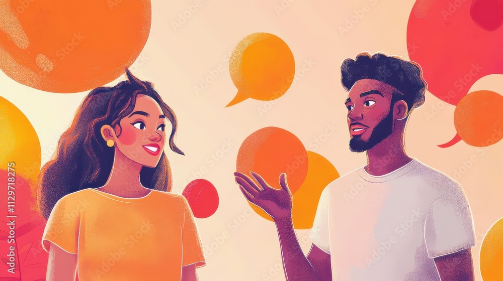 A dynamic cartoon-style image of two friends exchanging ideas, one expressing excitement while the other listens with a thoughtful expression, speech bubbles in bold orange and red tones
