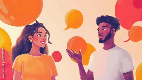 Obraz na płótnie A dynamic cartoon-style image of two friends exchanging ideas, one expressing excitement while the other listens with a thoughtful expression, speech bubbles in bold orange and red tones w salonie