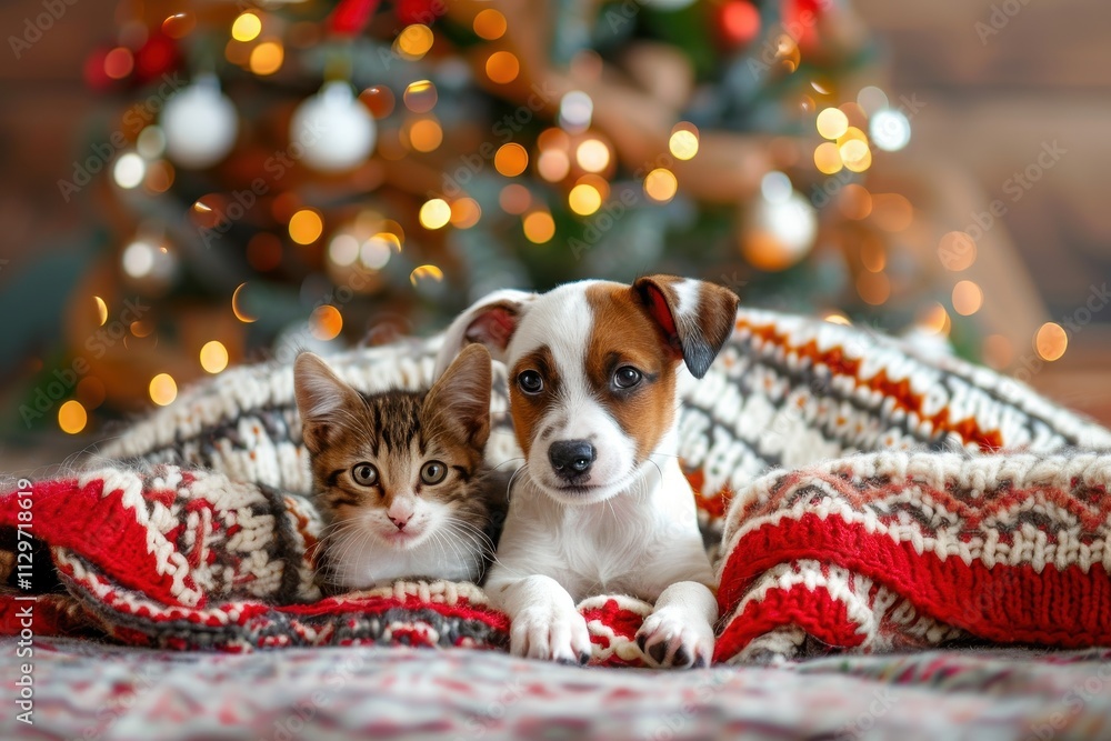 Dog and cat sit under blanket on festive background with space for text Dog and cat sit under blanket on festive background with space for text