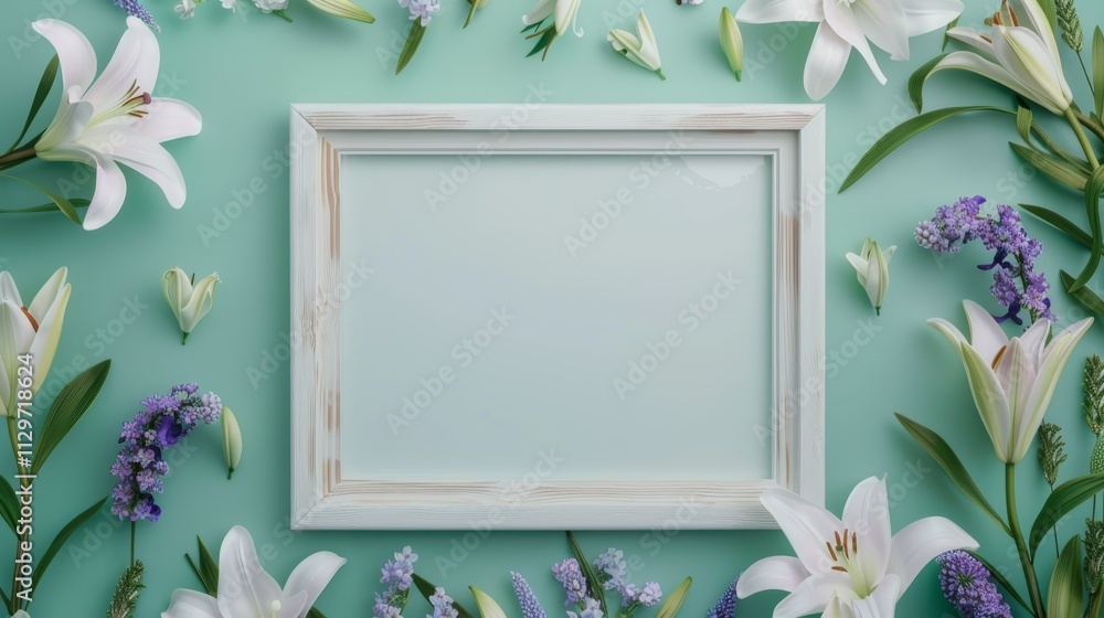 A blank white picture frame with wooden floral patterns in the center surrounded by tulips and violets A blank white picture frame with wooden floral patterns in the center surrounded by tulips and violets