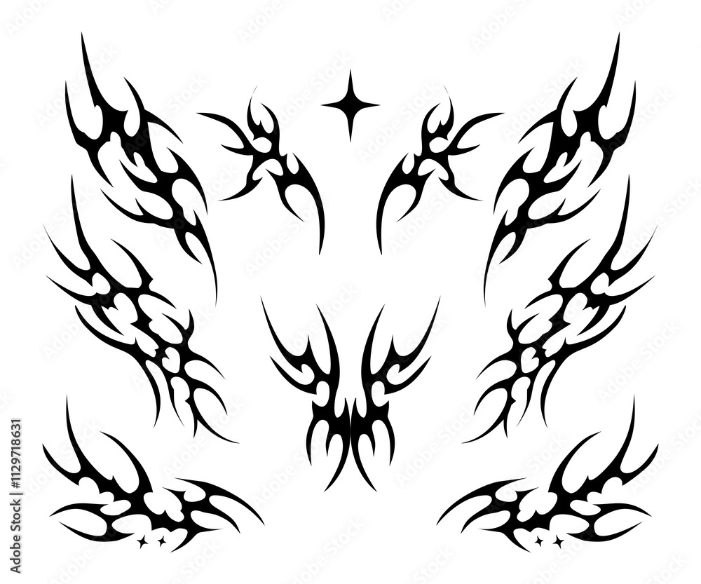 Black and white neo tribal tattoo set, Y2k cyberpunk tribal tattoo design Black and white neo tribal tattoo set, Y2k cyberpunk tribal tattoo design