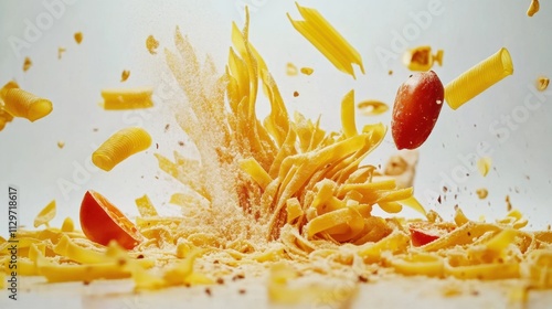 Dynamic Explosion of Pasta and Ingredients with Flour, Tomato and Air in a Creative Culinary Composition Capturing Motion and Texture photo