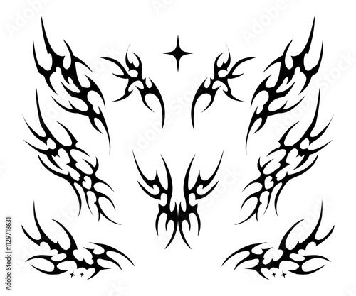 Black and white neo tribal tattoo set, Y2k cyberpunk tribal tattoo design