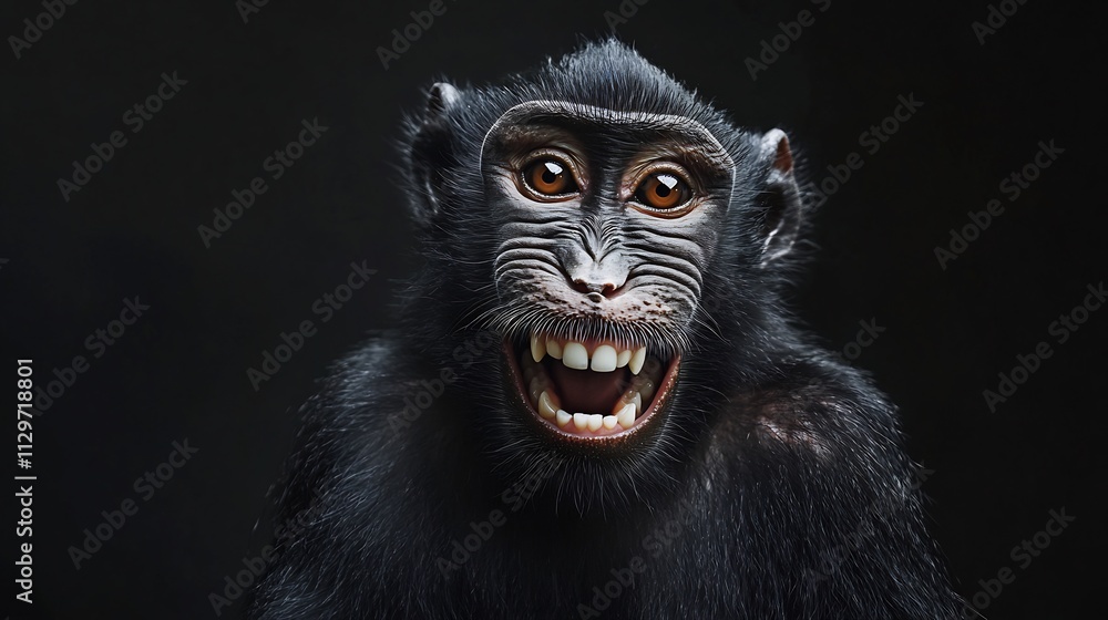 Close-up Portrait of a Young, Black-Furred Monkey with its Mouth Open Close-up Portrait of a Young, Black-Furred Monkey with its Mouth Open