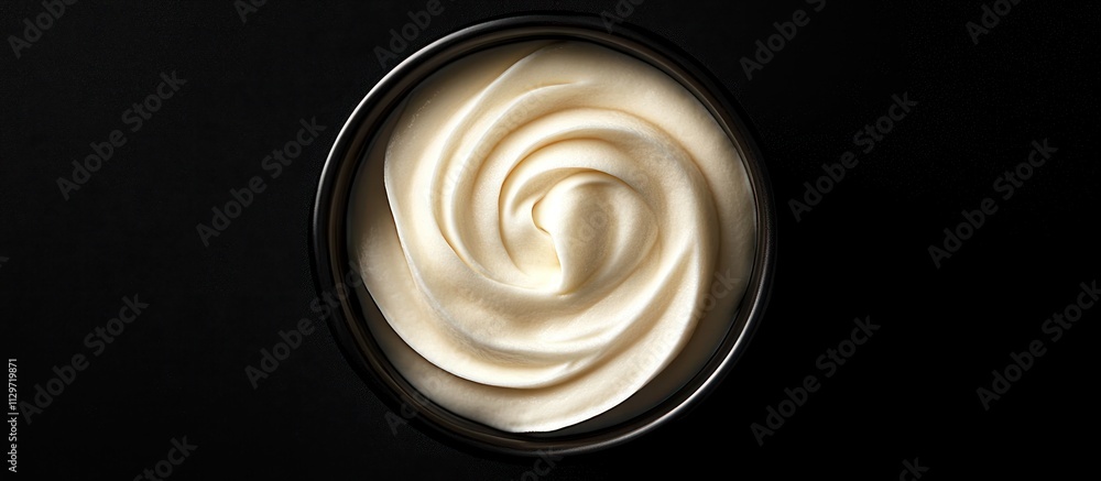 cup of coffee with swirl of cream on top shot from above isolated on black background . cup of coffee with swirl of cream on top shot from above isolated on black background .