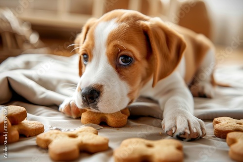 Dog treats shaped like bones with puppy food ingredients photo