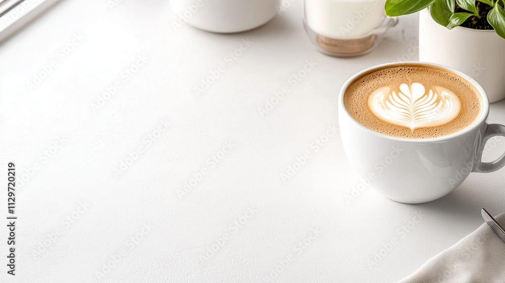 A latte with intricate foam art on a clean, bright table setting. A latte with intricate foam art on a clean, bright table setting.