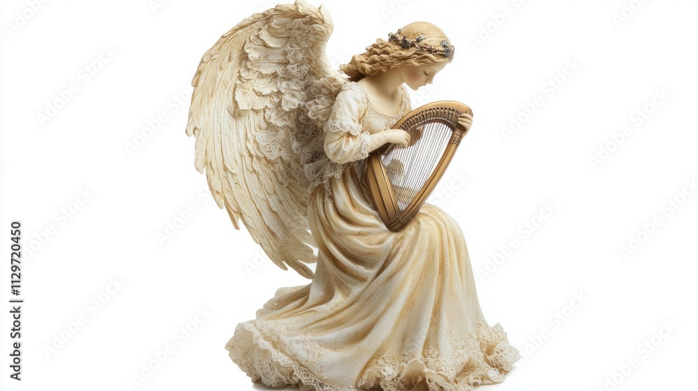 A charming Victorian angel figurine holding a harp, dressed in a flowing dress adorned with delicate lace, on white A charming Victorian angel figurine holding a harp, dressed in a flowing dress adorned with delicate lace, on white
