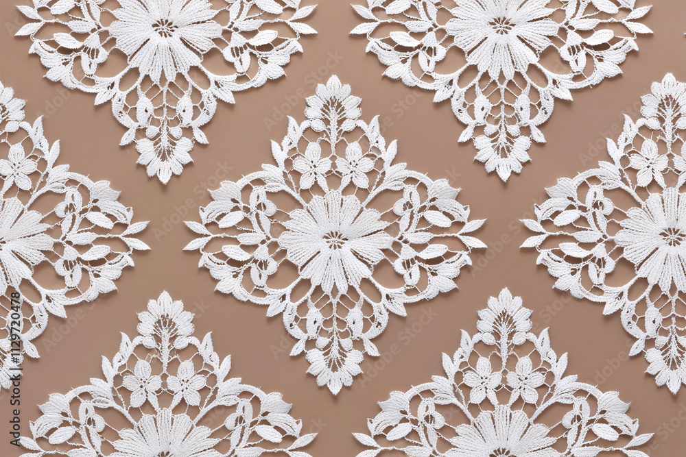 Delicate white lace patterns on a soft beige background. Delicate white lace patterns on a soft beige background.