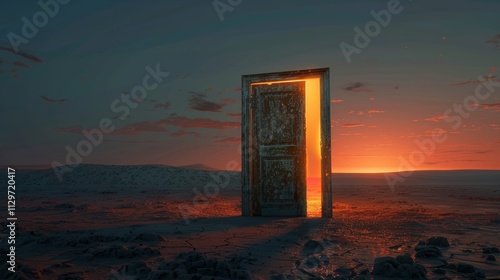 a high-definition image of a weathered wooden door in a barren desert half-open with a radiant orange light streaming out photo