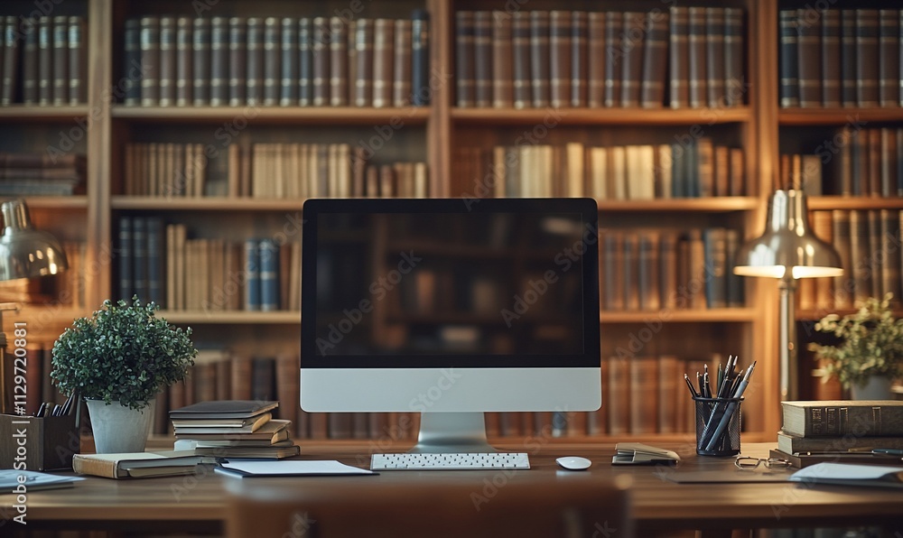 Computer on desk in a library with bookshelves and lamps. Computer on desk in a library with bookshelves and lamps.