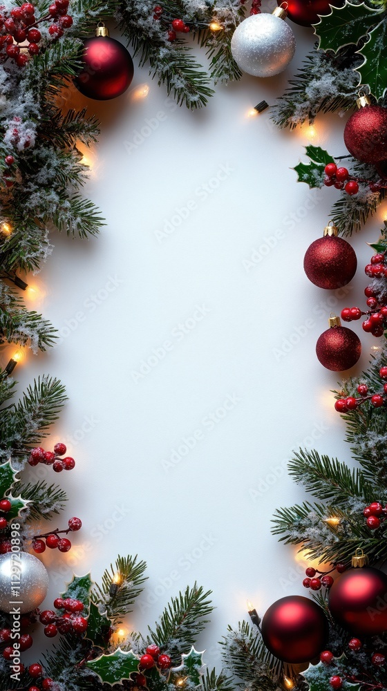 Christmas decor frame with pine branches holly berries, ornaments. Red, silver baubles placed on snowy branches. Warm fairy lights create festive glow. Image flat lay with white background. Perfect Christmas decor frame with pine branches holly berries, ornaments. Red, silver baubles placed on snowy branches. Warm fairy lights create festive glow. Image flat lay with white background. Perfect