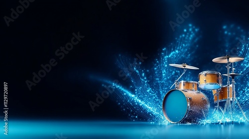 Blue drum kit sparkling on dark background with copy space, perfect for music related designs photo