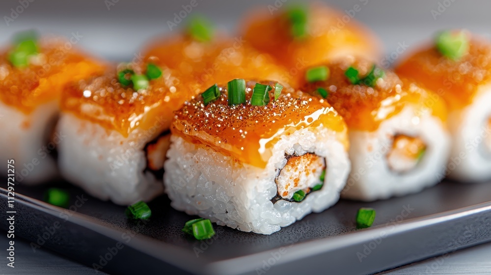 Delicious Sushi Rolls with Glazed Topping and Fresh Ingredients Delicious Sushi Rolls with Glazed Topping and Fresh Ingredients