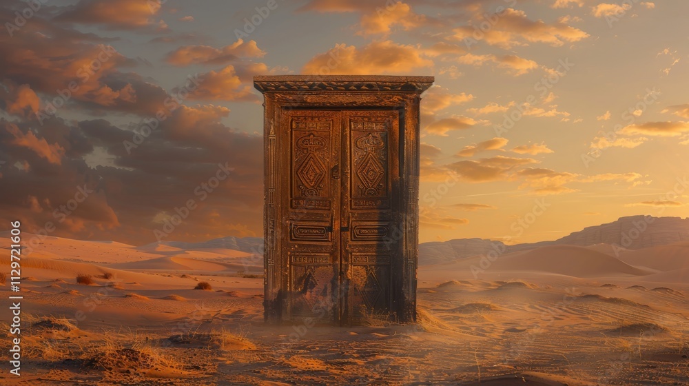 Fototapeta premium a high-detail 4K photo of an intricately carved wooden door standing alone in an endless desert slightly ajar with a soft