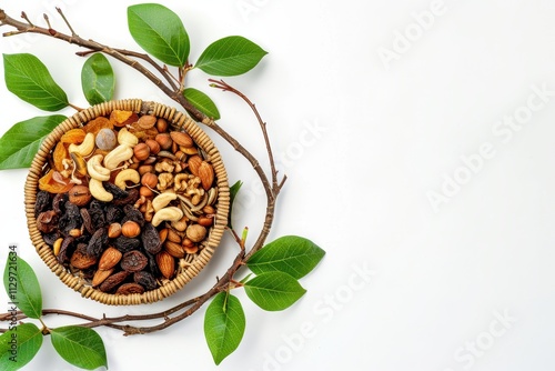 Dried fruits nuts and green leaves on wicker plate for Tu Bishvat photo