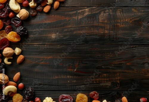 Dried fruits and nuts on dark wood top view Symbols of Jewish holiday Tu Bishvat photo