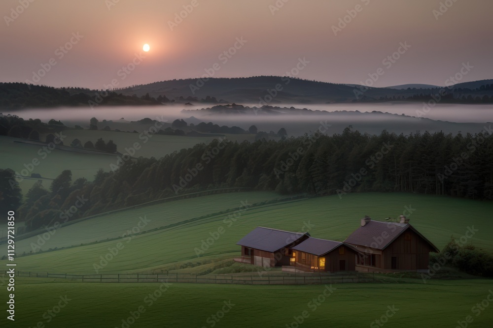 Tranquil Countryside Escape: Cozy Cabin at Sunset Tranquil Countryside Escape: Cozy Cabin at Sunset