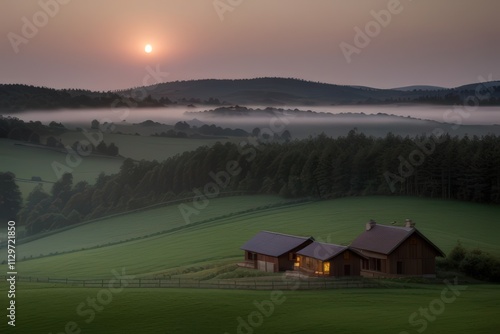 Tranquil Countryside Escape: Cozy Cabin at Sunset