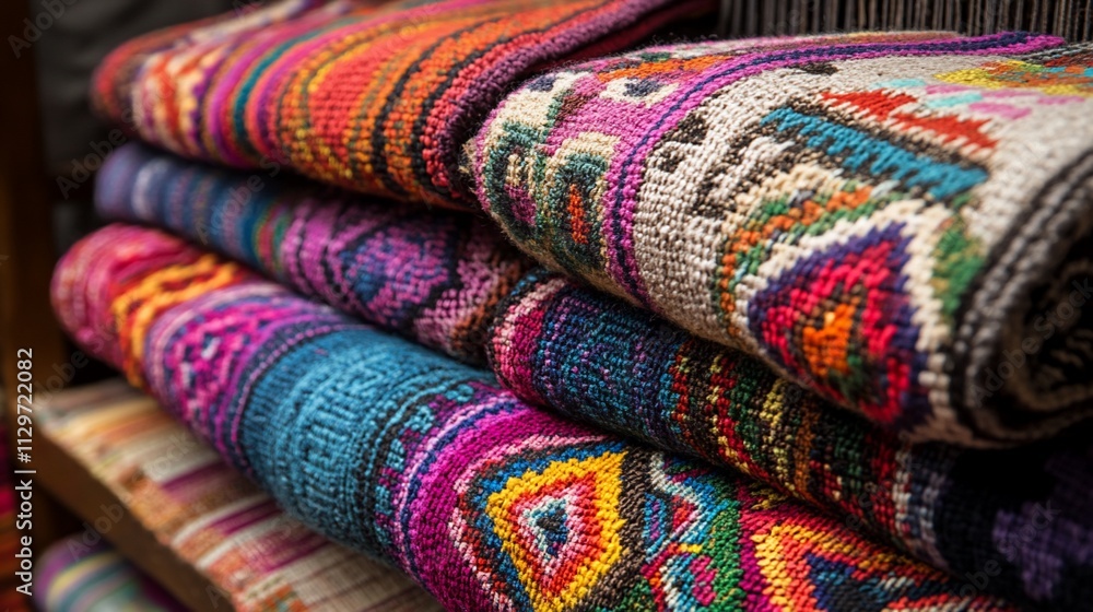Colorful woven textiles stacked on wooden shelf. Colorful woven textiles stacked on wooden shelf.