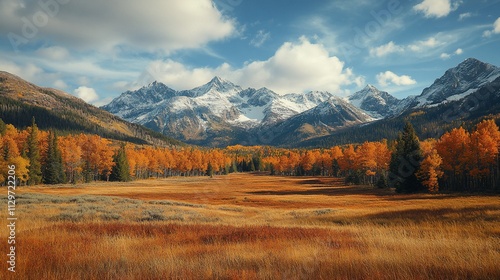 Autumnal landscape with snow-capped mountains and golden aspen trees.