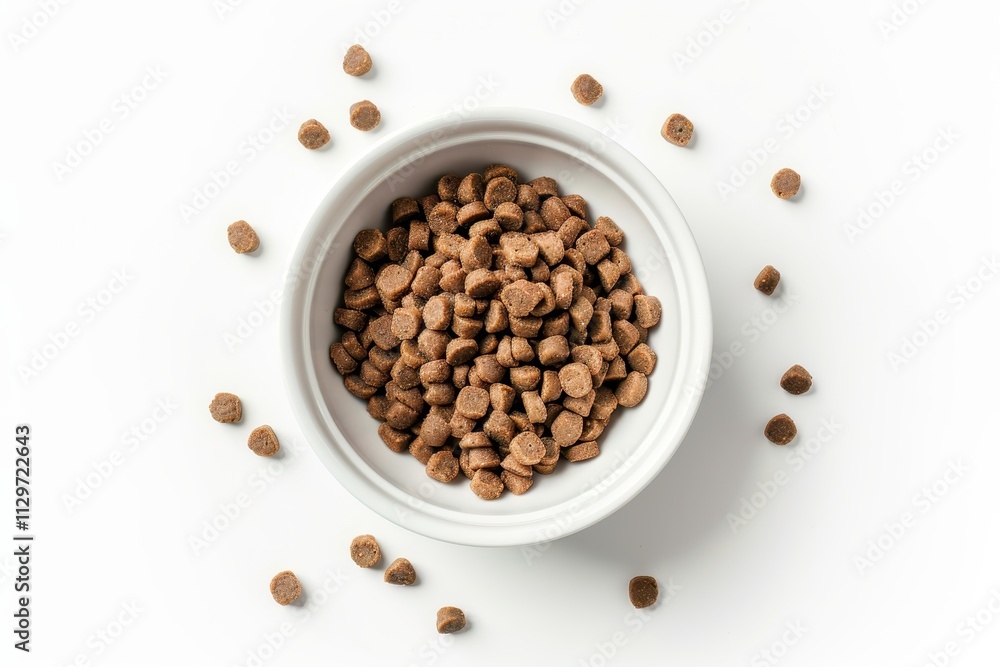 Dry pet food in white bowl on white background Top view with copy space Dry pet food in white bowl on white background Top view with copy space
