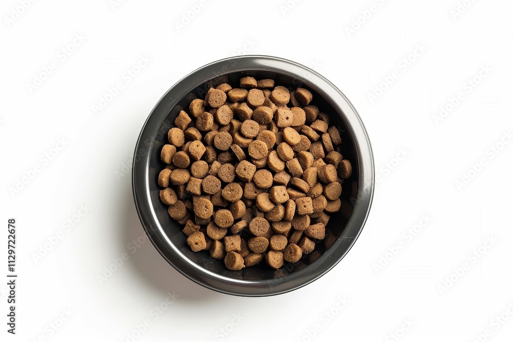 Dry pet food presented in a bowl on a white surface from a top perspective Dry pet food presented in a bowl on a white surface from a top perspective