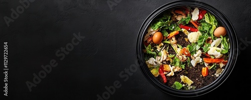 A kitchen compost bin filled with vegetable scraps, coffee grounds, and eggshells, promoting zero waste living