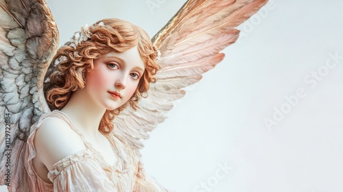 Vintage Victorian angel with soft, feathered wings and a serene expression, wearing a pastel dress, on a white backdrop