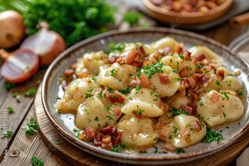 Dumplings with potato in bacon and onion sauce Varenyky vareniki pierogi pyrohy photo