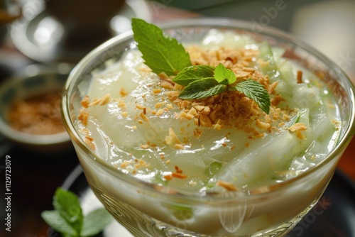 Durian pandan jelly dessert with coconut milk and palm sugar photo