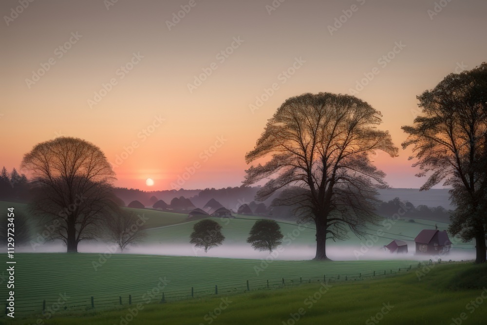 Misty Sunrise over Rolling Hills with Majestic Trees Misty Sunrise over Rolling Hills with Majestic Trees