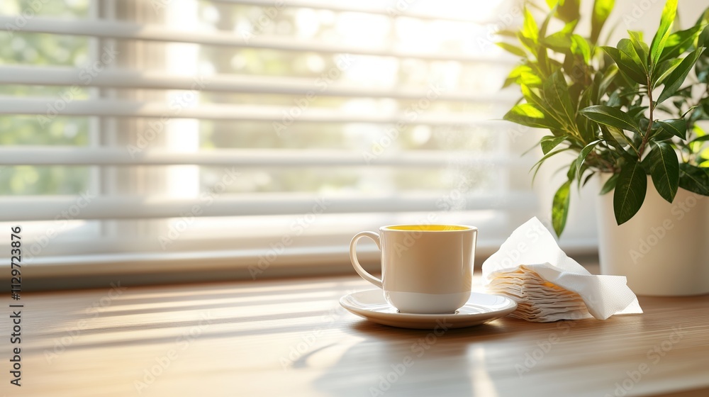 A steaming cup of tea beside a plant on a sunlit table. A steaming cup of tea beside a plant on a sunlit table.