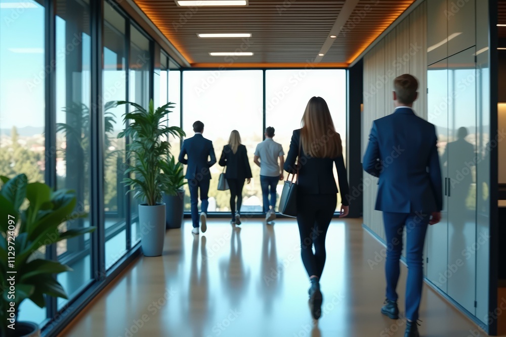 Fototapeta premium Modern Office Corridor with Business Professionals Walking Towards the Future