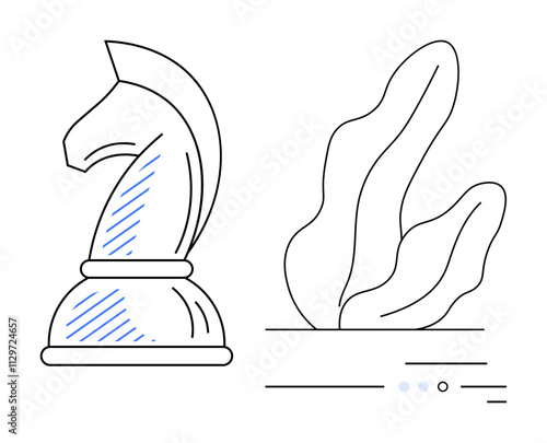 Chess knight piece next to seaweed, both in minimalist line art style. Ideal for strategic thinking, marine life, mindfulness, simplicity, abstract art, education, and hobbies. Line metaphor photo